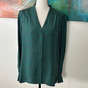 Lafayette 148 Green Gray Silk V Neck Long Sleeve Blouse Small Imperfection Small